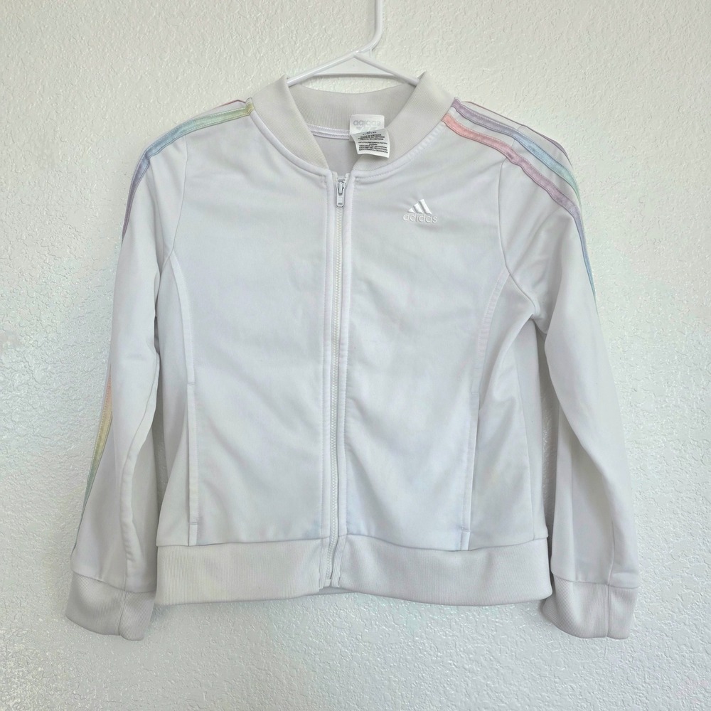 Adidas Girls Track Jacket White Rainbow Stripe Full Zip Size 10 12 Polyester